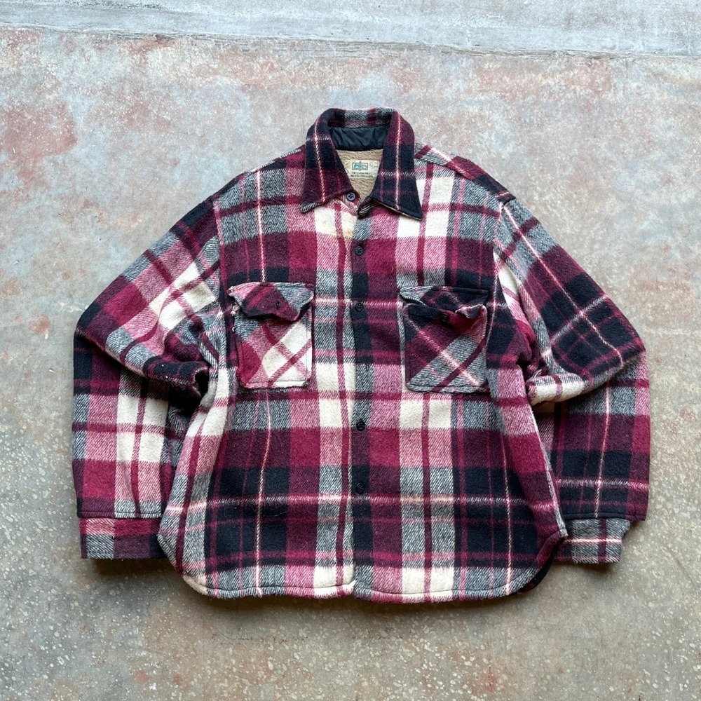 Vintage Kmart Sherpa Lined Plaid Flannel Shirt Jacket Mens Large Red Black Heavy